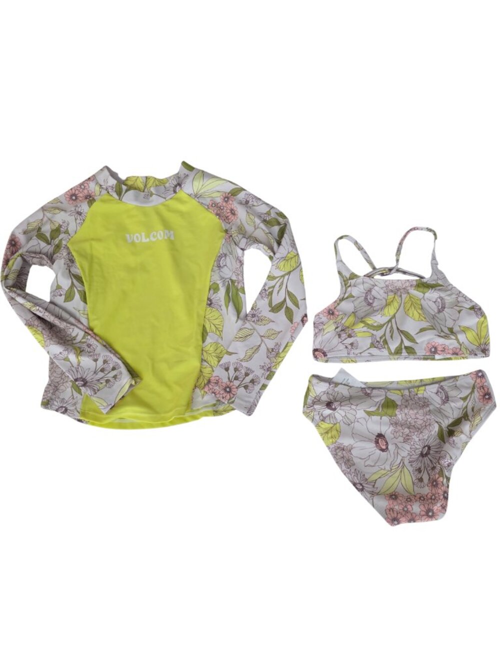 Volcom Neon Yellow and Floral Girls' Long Sleeve Rashguard Set